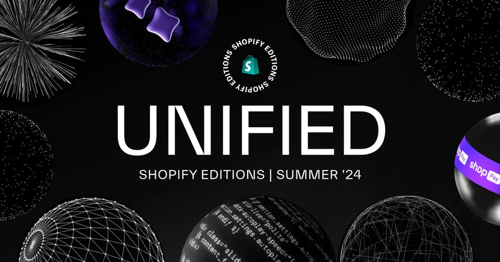 Unified Shopify Editions Summer '24 poster with black background and light circular shapes