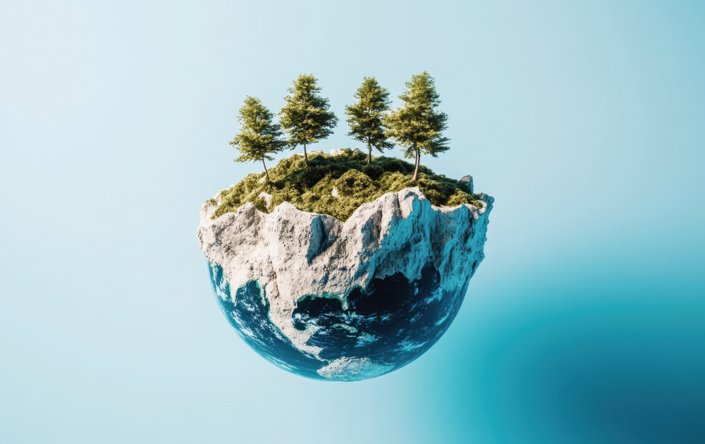 Floating Earth with trees symbolising sustainable ecommerce, eco-friendly packaging, and greener online retail practices.